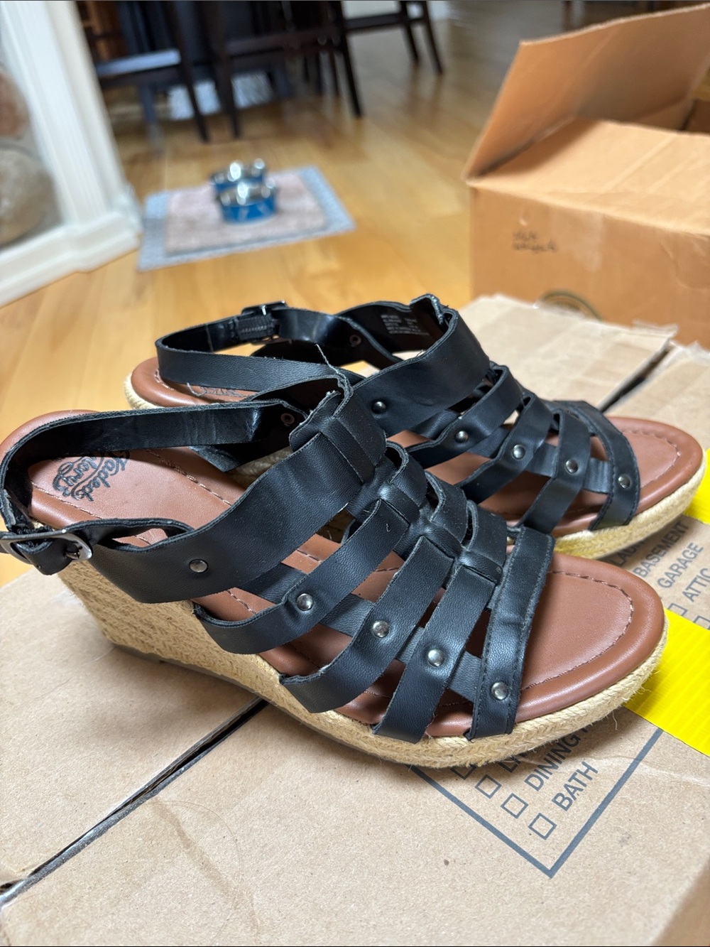 Faded Glory Black Studded Espadrille Wedge Sandals